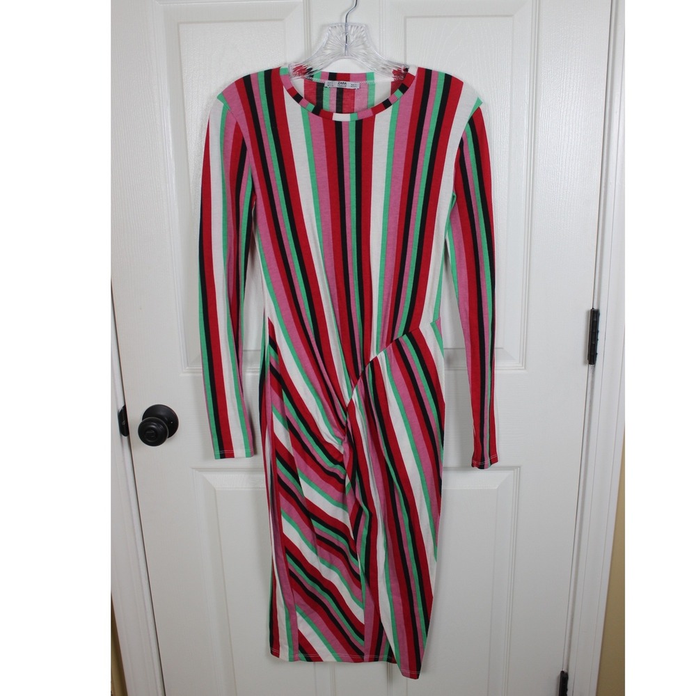 Zara Woman Basic Long Sleeve Striped Twist Front Ribbed Midi Dress Red Pink S